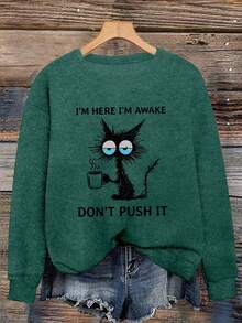 Women's Spring/Autumn Crew-Neck Long-Sleeve T-Shirt – Playful Text Print With Black Cat Graphic - Dark Forest Green - View 1
