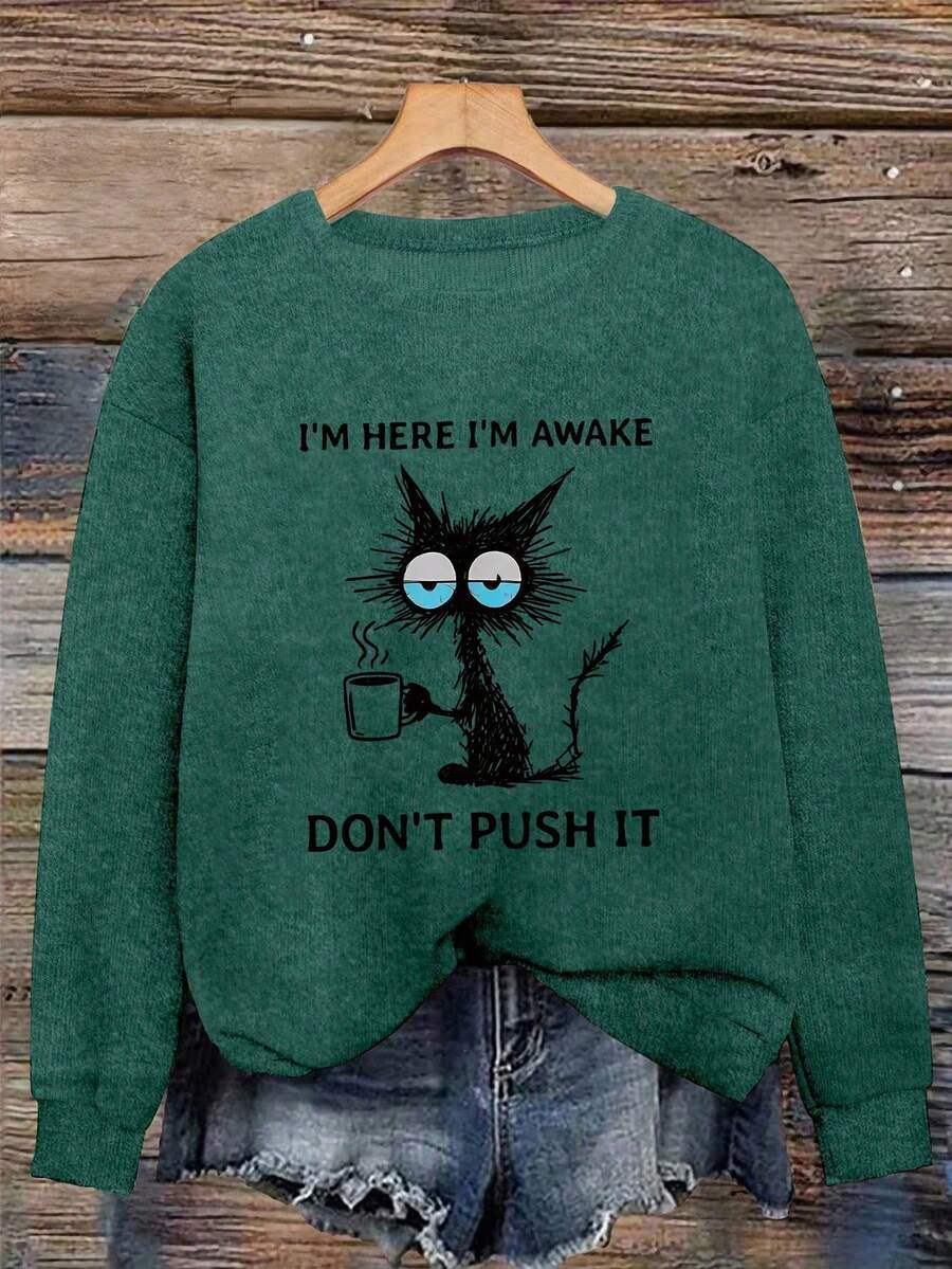 Women's Spring/Autumn Crew-Neck Long-Sleeve T-Shirt – Playful Text Print With Black Cat Graphic - Dark Forest Green - View 1