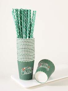 10/20pcs Christmas Disposable Paper Tableware Set, Includes 7-Inch And 9-Inch Plates, Cups, Napkins And Straws; Featuring Deep Green "Merry Christmas", Poinsettia And Bell Decorative Patterns, Suitable For Christmas Parties, Holiday Dinners, Winter Celebrations And Holiday Table Decor. - Multicolor 3 - View 4
