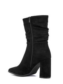 Mid-Calf Pleated Suede Ankle Boots With High Heels – - Black - View 3