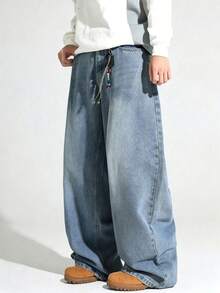 Vintage Washed Loose Relaxed Fit Elastic Waist Pants For Teenage Boys - Light Wash - View 3
