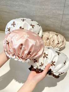 1pc Double-Layer Satin Cute Bow Print Shower Cap, Reusable Waterproof Hair Cap, Suitable For Women And Girls, Elastic Ruffle Design, Soft Silky Hair Protector, Ideal For Shower, Spa, Hair Salon, Hotel And Home Daily Use, Perfect Women's Holiday Gift [1pc] - Multicolor - View 1