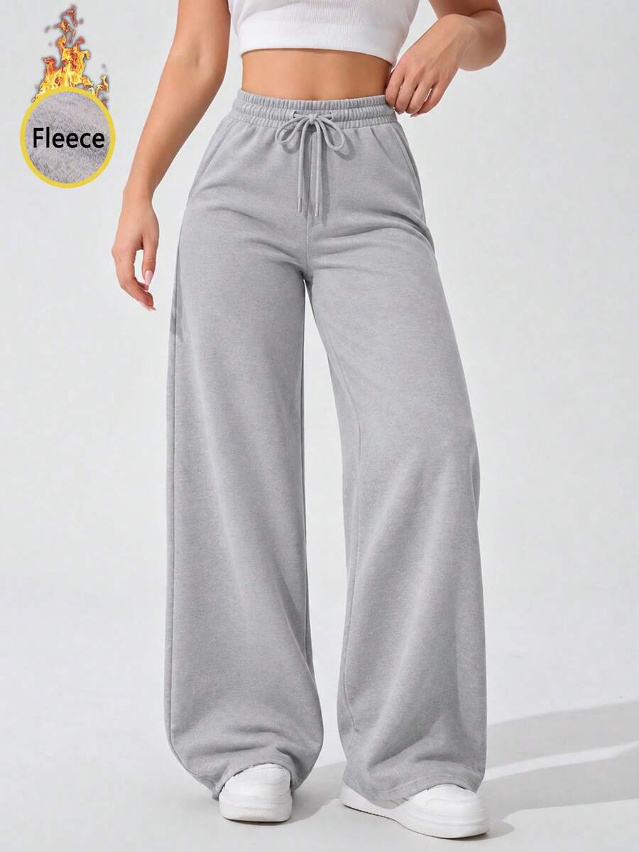 Women's Thermal Lined High Waist Wide Leg Sweatpants With Drawstring Relaxed Fit Casual Lounge Pants For Everyday Wear. - Grey - View 1