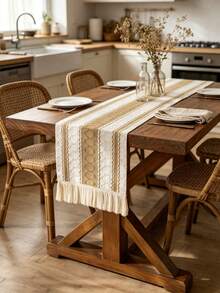 1PC Boho Geometric Zigzag Pattern Table Runner With Fringe Tassel Edge, Vintage Bohemian Macrame Aesthetic, Linen-Look Yarn-Dyed Woven Material, Easy Care, Multi-Scene Table Decor For Dining Room, Console, Sideboard, Autumn Thanksgiving Gathering - Khaki-b - View 1