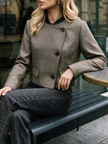 minisummer Women Elegant Fall Plaid Cropped Jacket, Fall Clothes For Women, Lapel Trim Button Front Short Coat, Casual Fall Outfit For Women - Coffee Brown - View 9