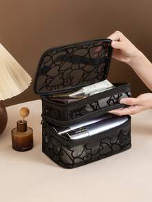 Bolsa de cosméticos transparente de doble capa, organizador de artículos de tocador multifuncional, diseño de cremallera casual diario - Negro - Ver 7