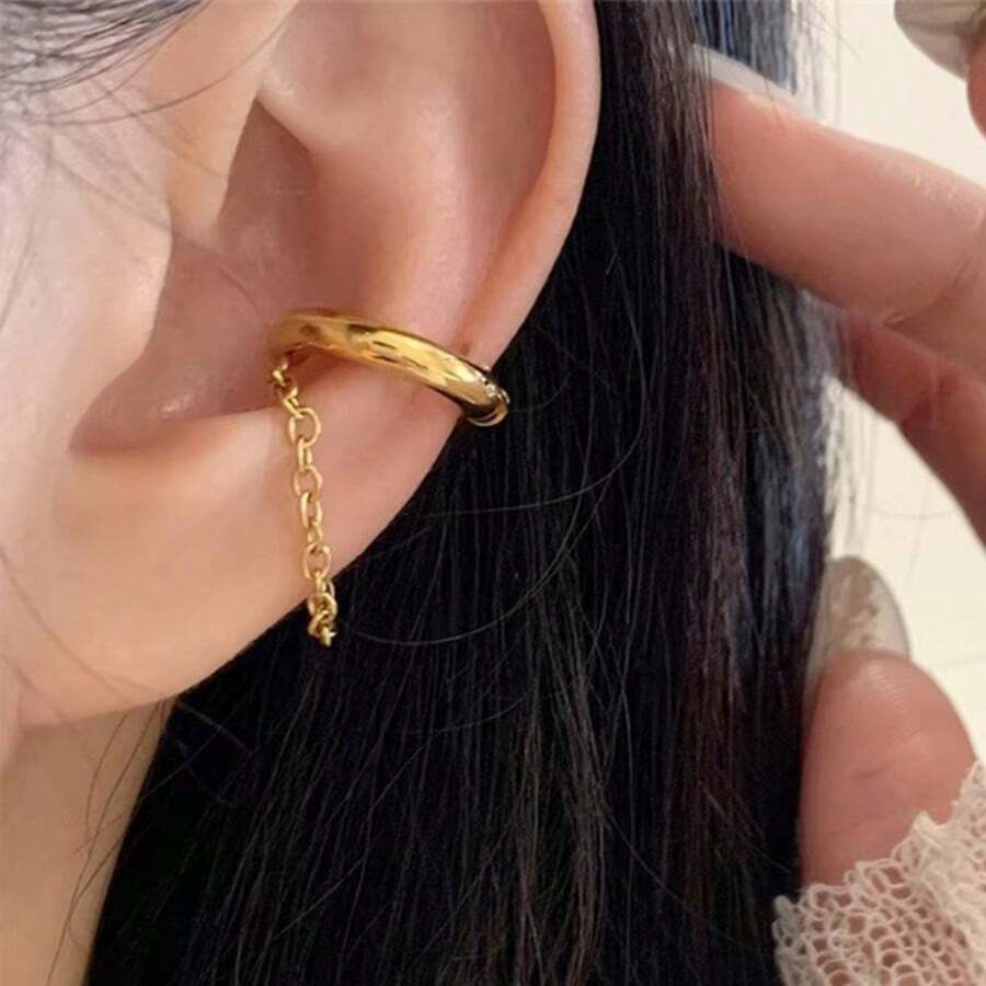 1Pair Stainless Steel Punk No Piercing Ear Cuff, Long Tassel Chain Hypoallergenic Tarnish Resistant Fashion Jewelry Gift - Gold - View 1