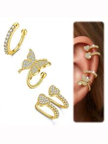 CIZME 3pcs Minimalist 14K Ear Cuff Set Flower Butterfly Cubic Zirconia Ear Clip Earrings, No Piercing Needed, Suitable For Daily Office Wear Gift For Her - Golden and Silvery - View 8