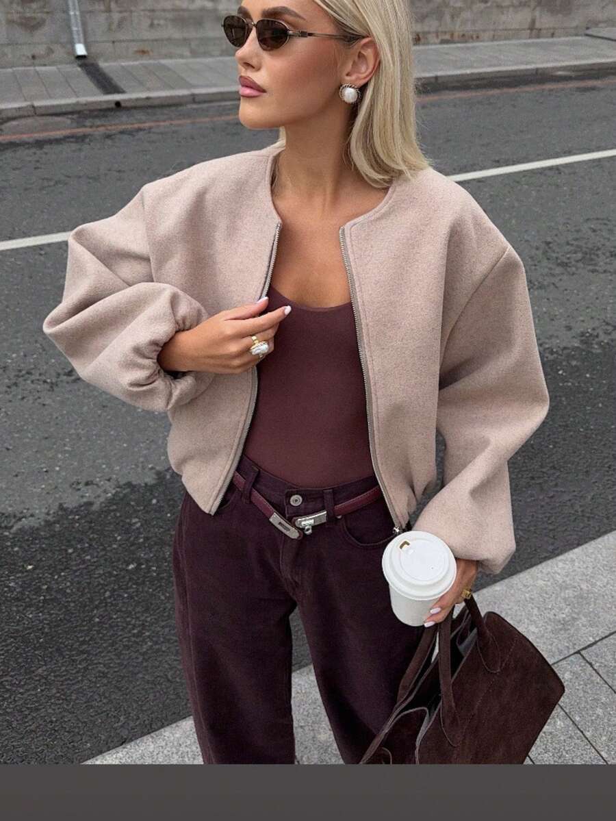 Women's Casual Solid Color Zipper Short Jacket With Pockets, Long Sleeve Soft Color Jacket, Full Set Long Sleeve Outerwear, Minimalist Versatile For Autumn/Winter - Champagne - View 1
