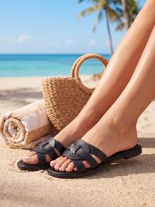 Black Interwoven Cutout Slide Sandals For Women, Elegant Square Open Toe Flat Slippers, Summer Beach Vacation Daily Casual Footwear - Black - View 2