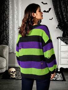 Sweater Rajut Halloween Musim Gugur/Dingin 2026 untuk Wanita Ukuran Besar, Gaya Punk Gothic Y2K, Pullover Bahu Terbuka dengan Detail Rusak, Atasan Pullover Rajut Kasual Bergaris Blok Warna - MultiWarna - View 3