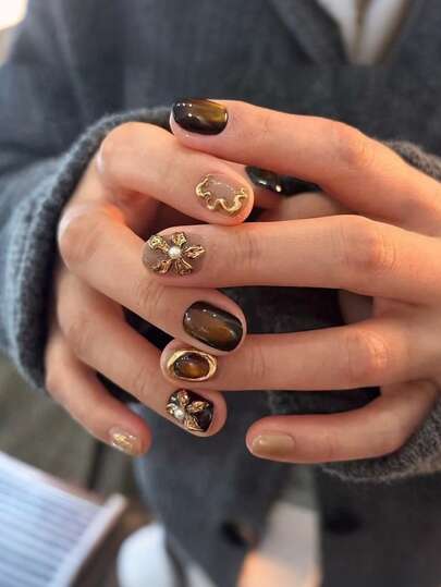 Fall, Autumn, Fall Nails 24pcs/Set Short Square Autumn/Winter Vintage Deep Brown French Tortoise Shell 3D Gold Flower Press-On False Nails, Includes 1pc Jelly Glue And 1pc Nail File, Suitable For Daily Wear, Dating, Autumn Nail Art