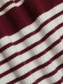 Aflion Women Fall Winter Cream Burgundy Striped Knit Sweater U Neck Drawstring Slim Fit Casual Back To School Campus Daily Class Going Out Top - White - View 6