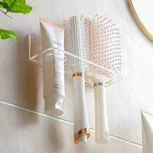 1pc 2-Hole/3-Hole Acrylic Bathroom Storage Rack, Hair Dryer & Comb Holder, Hair Tool Organizer, Wall-Mounted Comb Rack, Can Hold 2 Or 3 Combs, Transparent Fashionable Storage Rack, Bathroom Accessories, Bathroom Supplies, Bathroom Decor, Suitable For Home Bathroom Use - Multicolor - View 6