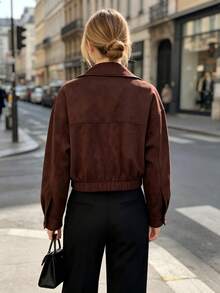 Women's Lapel Zip-Up Polyester Shacket, Long Sleeve Regular Length, Suitable For Autumn/Winter Wear - Brown - View 6