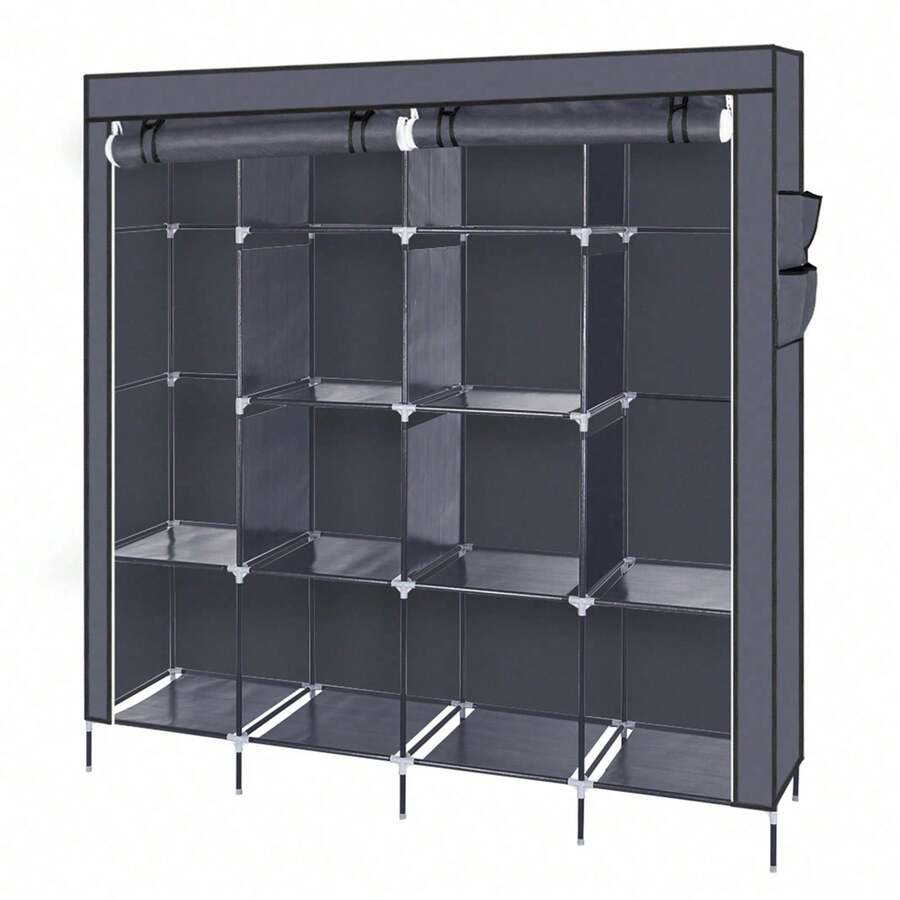 67" Clothes Closet Portable Wardrobe Clothes Storage Rack 12 Shelves 4 Side Pockets Gray - Dark Grey - View 1