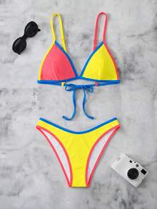 Women's Elegant Yellow & Pink Bikini Set, Sexy Spaghetti Strap Swimsuit - Multicolor - View 2
