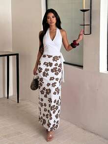Autumn V-Neck Printed Patchwork Dress Women Elegant Dress Beach Party - Beige - View 4