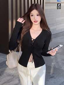 Sexy Style Design Tie-Up Deep V-Neck Long Sleeve Cardigan Women's Autumn Loose Versatile Outerwear Top - Black - View 2