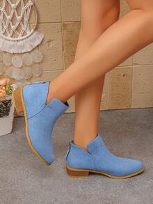 Women's Comfortable Round Toe Suede V-Cut Back Zipper Low Heel Blue Ankle Boots, Casual Style, New Autumn/Winter Daily Wear - Blue - View 5