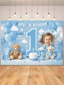 Customizable Name & Photo Blue 1st Birthday Teddy Bear Backdrop, Birthday Cake Cloud Flag Decor Design, Personalized Baby Shower Party Background, Photography Banner Prop, Vinyl Material - Blue - View 3