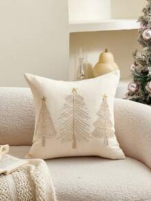 1Pc Corded Embroidery Christmas Tree Pillow Case, Chenille Decorative Cushion Cover With Hidden Zipper, Sofa Home Christmas Decor, Pillow Insert Not Included - Beige - View 11