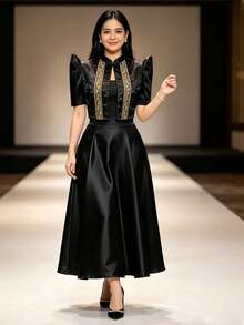 現代菲律賓風上衣 蝴蝶袖 Filipiniana 女款優雅印花泡泡短袖上衣 - 黑色 - 查看 3