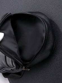 Men's Lychee Patterned PU Leather Chest Bag With Multiple Zippers And Layered Design, Casual Cycling Single Shoulder Crossbody Bag - Black - View 8