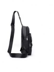 Men's Lychee Patterned PU Leather Chest Bag With Multiple Zippers And Layered Design, Casual Cycling Single Shoulder Crossbody Bag - Black - View 2