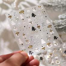 1pc Full Coverage 5D Embossed Metallic Nail Sticker, Christmas Snowman Rabbit Tree Wreath Bow Pattern, Glossy 3D Textured Nail Art Decor, Suitable For Christmas Party DIY Nail Art - Multicolor - View 12