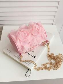 Girls' 3D Mesh Rose Cylinder Small Bag, Sweet Floral Chain Crossbody Purse, Decorative Coin Purse For Little Girls - A - View 5