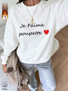 Women's Fleece Lined Pure Cotton Pullover Sweatshirt, Long Sleeve Round Neck Drop Shoulder Ribbed Knit Top, Suitable For Autumn Casual Wear, Warm And Soft - White - View 1