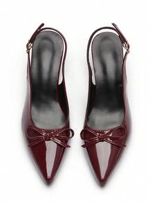 Okurime. Sandal Wanita Model Terbaru Musim Semi dan Gugur Warna Polos Seksi Ujung Lancip Hak Tebal - Burgundy - View 3