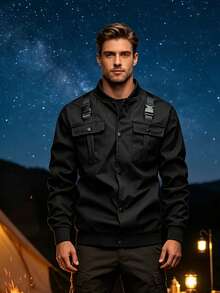 Men's Autumn Functional Wind-Resistant Strap Utility Pocket Stand Collar Snap Button Jacket, Suitable For Outdoor Hiking, Trekking, Sports Gift, Black - Black - View 2