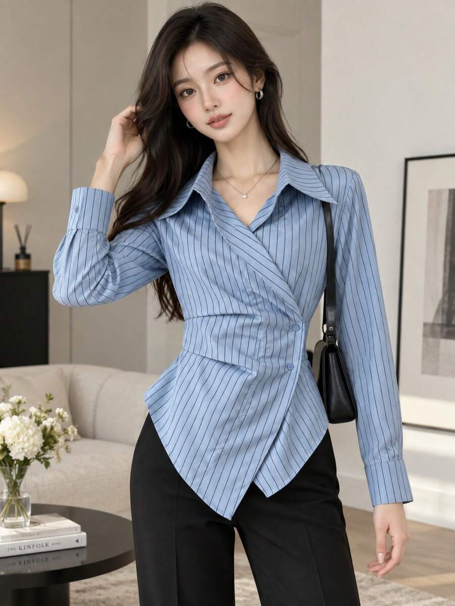 YUXIN Women's Blue Striped Wrap Shirt Collared Asymmetric Button Front Self Tie Back Fitted Elegant Top For Office Date Dinner Fall Daily Wear