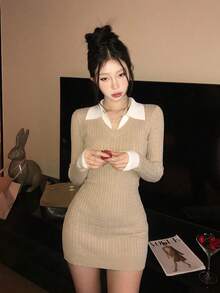 Autumn/Winter New Khaki Color Preppy Style 2 In 1 Polo Collar Contrast Color Cable Knit Slim Fit Bodycon Long Sleeve Knit Dress - Khaki - View 7