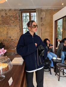 Senya 女款寬鬆針織拉鍊開襟衫，優雅翻領純色長袖毛衣外套，極簡休閒秋冬穿搭 - 寶藍色 - 查看 7