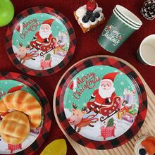 10/30/50pcs Christmas Disposable Paper Tableware Set (Includes 7-Inch And 9-Inch Plates, Paper Cups, Featuring Santa Claus, Reindeer, Sleigh, Gift And Mint Green Buffalo Plaid Design, Suitable For Christmas Party, Holiday Dinner, Winter Celebration And Holiday Table Setting) - Multicolor - View 3