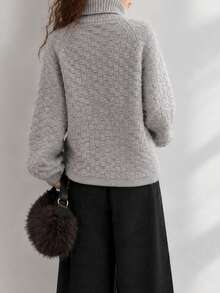 Sweater Pullover Rajut Tekstur Leher Tinggi Longgar Kasual Baru Musim Dingin Wanita - Grey - View 2
