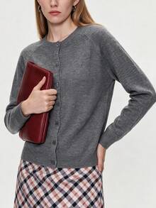 [AURELIA Wool] Solid Gray Ribbed Texture Front Button Office College 100% Wool Minimalist Knit Cardigan Old Money Style Commute Versatile - Grey - View 5