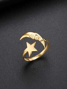 LIKGREAT 1pc Women's Fashion Stainless Steel Sun & Moon Shaped Open Ring, Unique Design, Unisex Gift - Fashion Series - View 3