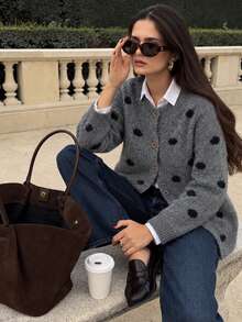 Cardigan Rajut Polkadot Leher Bulat Wanita, Sweater Kancing Nyaman, Cocok untuk Pakaian Musim Gugur/Musim Dingin, Thanksgiving, Halloween, Natal - Grey - View 9