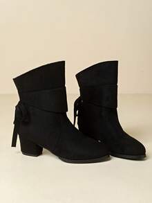 Black Suede Folding Short Boots For Women With A Back Strap, Thick Heel And Ankle, Gentle Style, Versatile For Commuting In Autumn And Winte - Black - View 6