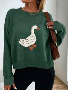 Women's Plus Size Sweater, Cute Goose Pattern, Loose Knit Pullover - Dark Forest Green - View 5