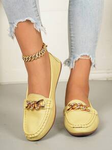 Women's Spring New Gold Chain Elegant Slip-On Loafers, Lightweight Comfortable Versatile Rubber Flat Shoes - Yellow - View 3