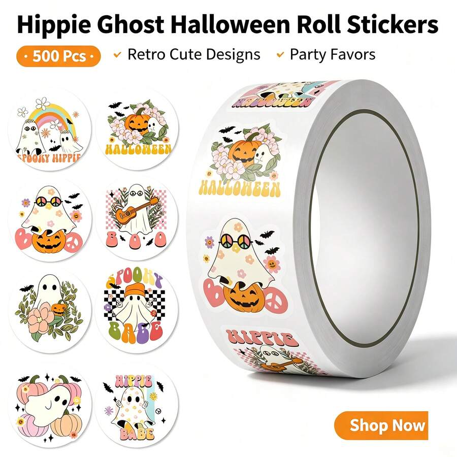 500張萬聖節捲筒貼紙,復古可愛南瓜幽靈圓形貼紙,自黏貼紙,適用於派對禮物、信封、剪貼簿裝飾 - 500pcs/roll - 查看 1