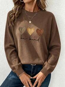 Plus-Size Women's Top Featuring A Three-Color Heart Pattern And The Slogan "Be Kind To Others"; Soft, Comfortable, Stylish, And Elegant. - Dark Ochre - View 7