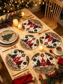 1/2/4pcs Christmas Placemats, Christmas Tree, Christmas Ball And Pine Cone Elements, Round Design, Linen Material, Suitable For Christmas Decoration, Family Gathering Party, Table Decor, Holiday Decor, Indoor Decor. - Multiple Styles - View 6