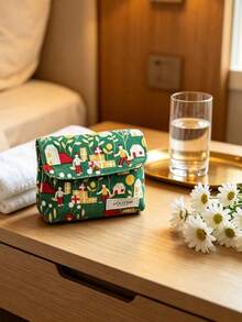 Green Cartoon Village Print Snap Button Small Cosmetic Pouch Mini Portable Lipstick Jewelry Storage Bag Cute Travel Toiletry Organizer Gift L'Occitane Small Makeup Bag - Green - View 4