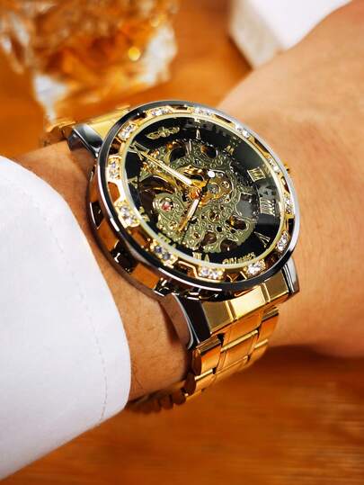 T-WINNER 1pc Classic Skeleton Mechanical Watch For Men Vintage Golden Hand Winding Watches Stainless Steel Strap Business Men Wristwatches Luminous Hands